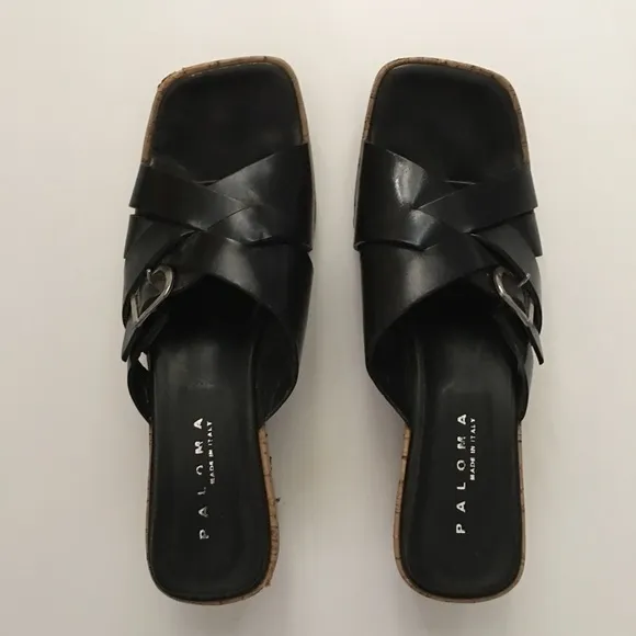 Paloma Black Leather Wedge Sandals Size 8