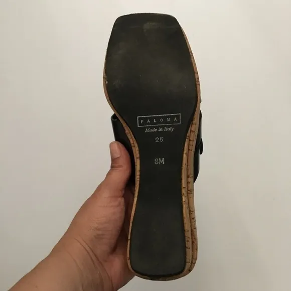Paloma Black Leather Wedge Sandals Size 8