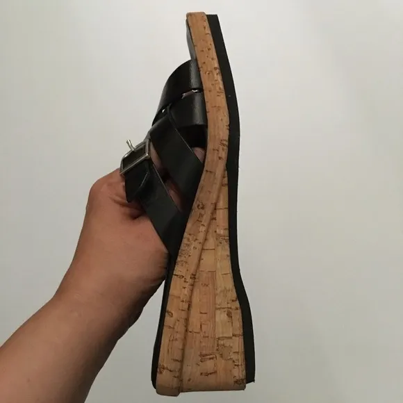 Paloma Black Leather Wedge Sandals Size 8