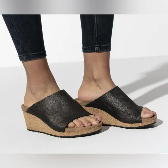 Papillio Birkenstock Namica Suede Leather Mule Sandals Metallic Black 7 or 7.5
