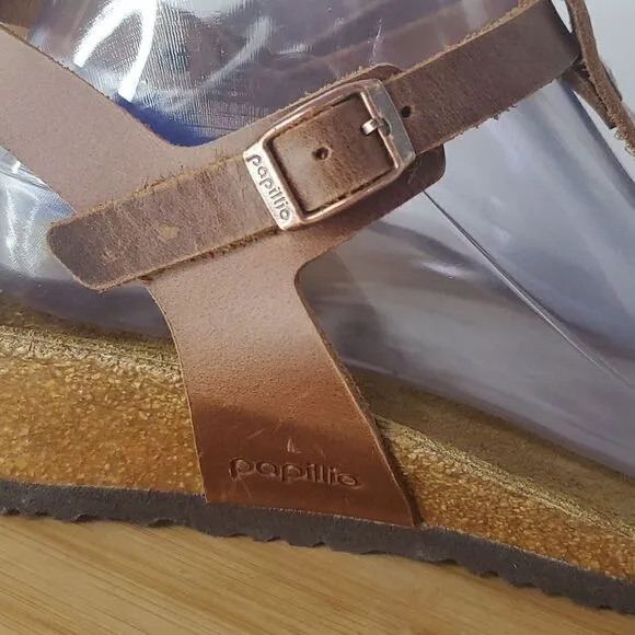 Papillio by Birkenstock Ashley BrownLeather T-Strap Wedge Sandals Women's EU 41