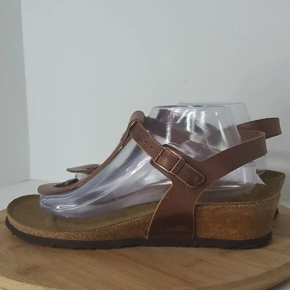 Papillio by Birkenstock Ashley BrownLeather T-Strap Wedge Sandals Women's EU 41