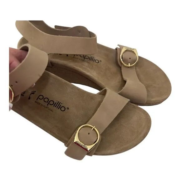 Papillio Soley Sandcastle Wedges Sandals Women SZ 41Cork Sole Gold Double Buckle