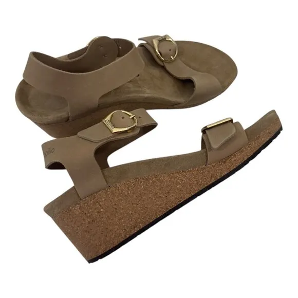 Papillio Soley Sandcastle Wedges Sandals Women SZ 41Cork Sole Gold Double Buckle