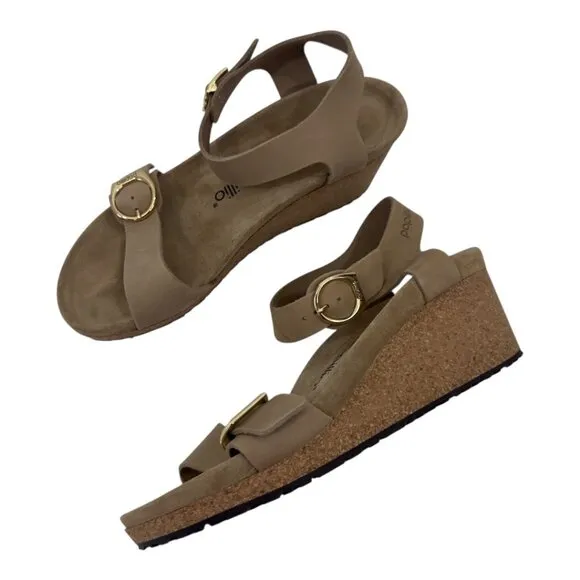 Papillio Soley Sandcastle Wedges Sandals Women SZ 41Cork Sole Gold Double Buckle
