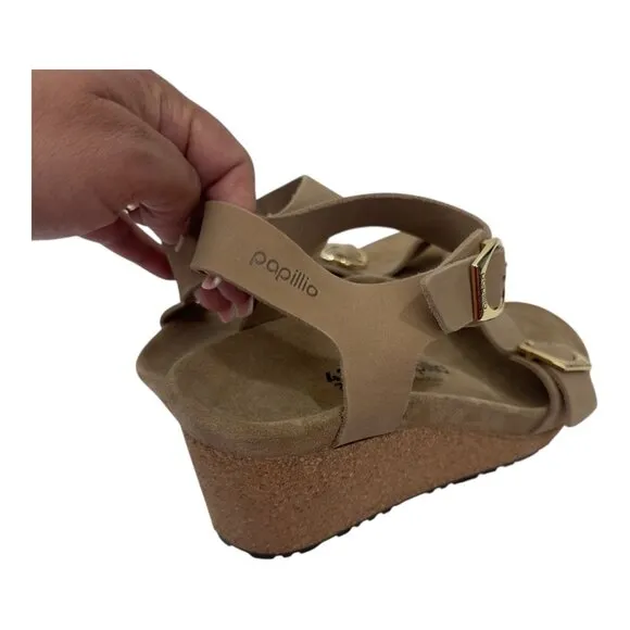 Papillio Soley Sandcastle Wedges Sandals Women SZ 41Cork Sole Gold Double Buckle