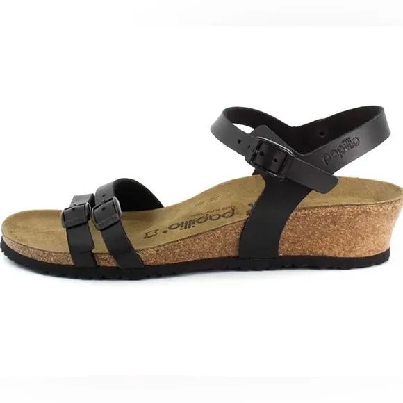 Papillo Birkenstock Sandals black faux leather strappy black sandals wedges