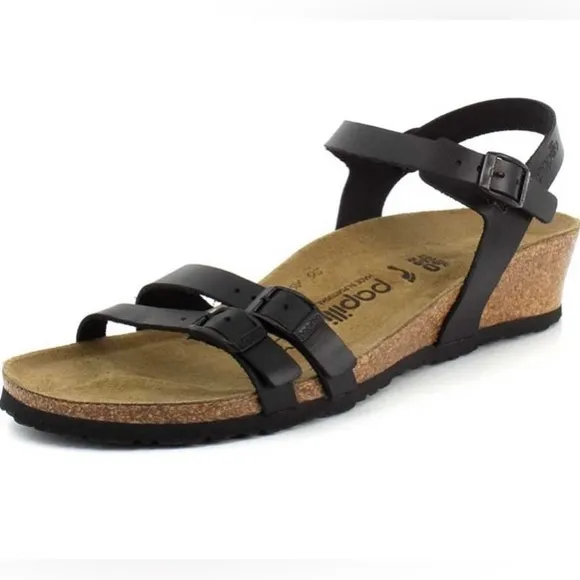 Papillo Birkenstock Sandals black faux leather strappy black sandals wedges