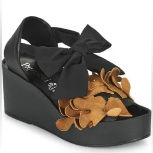 Papucei Leather Black and Taupe Platform Wedge Sandals Size 6.5