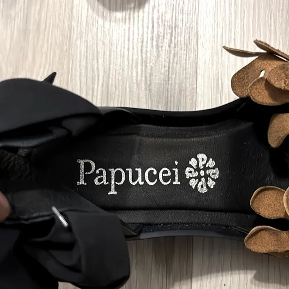 Papucei Leather Black and Taupe Platform Wedge Sandals Size 6.5