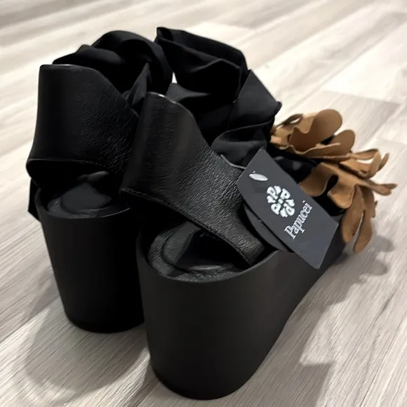 Papucei Leather Black and Taupe Platform Wedge Sandals Size 6.5