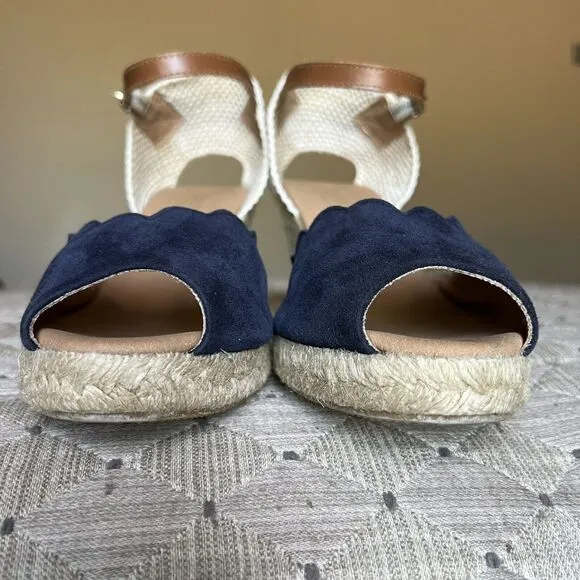 Paseart Navy Blue Suede Espadrille Jute Wedge Sandals Peep Toe EU 39 US 8.5 - 9