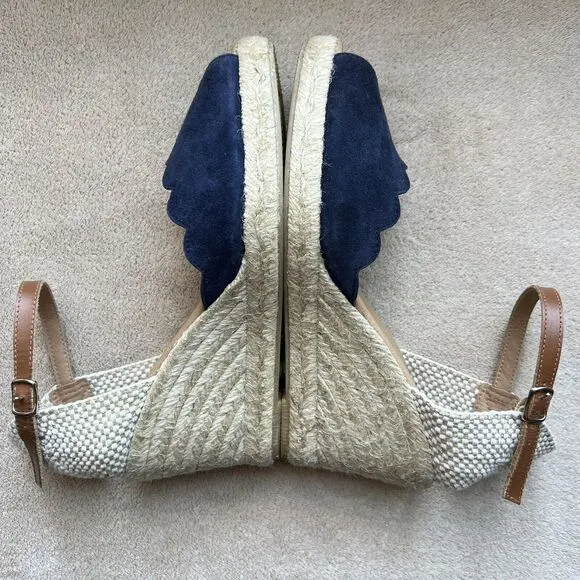 Paseart Navy Blue Suede Espadrille Jute Wedge Sandals Peep Toe EU 39 US 8.5 - 9