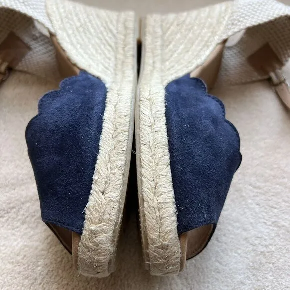 Paseart Navy Blue Suede Espadrille Jute Wedge Sandals Peep Toe EU 39 US 8.5 - 9