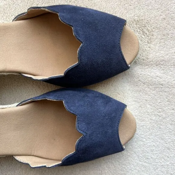 Paseart Navy Blue Suede Espadrille Jute Wedge Sandals Peep Toe EU 39 US 8.5 - 9