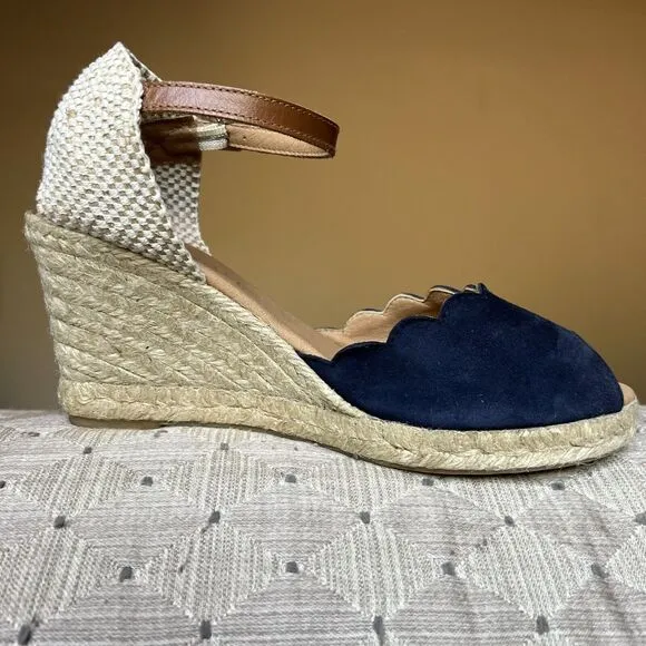 Paseart Navy Blue Suede Espadrille Jute Wedge Sandals Peep Toe EU 39 US 8.5 - 9