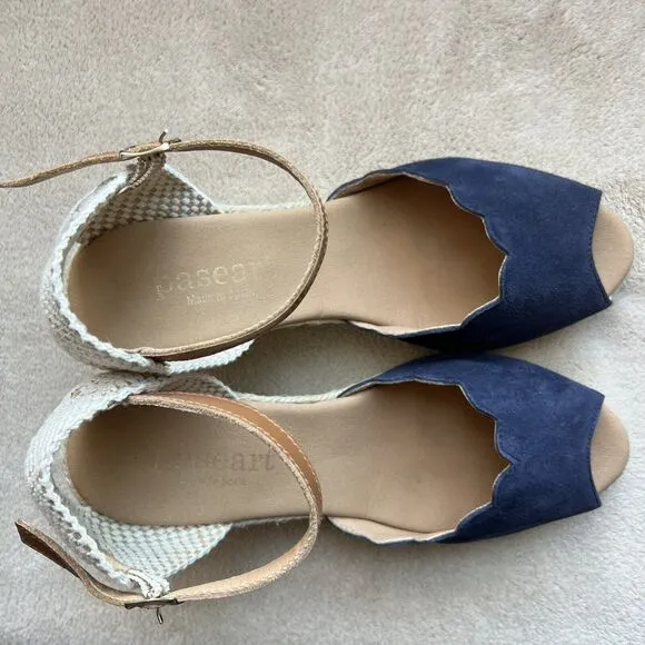 Paseart Navy Blue Suede Espadrille Jute Wedge Sandals Peep Toe EU 39 US 8.5 - 9