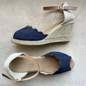 Paseart Navy Blue Suede Espadrille Jute Wedge Sandals Peep Toe EU 39 US 8.5 - 9