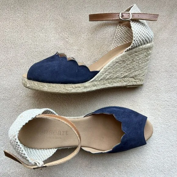 Paseart Navy Blue Suede Espadrille Jute Wedge Sandals Peep Toe EU 39 US 8.5 - 9
