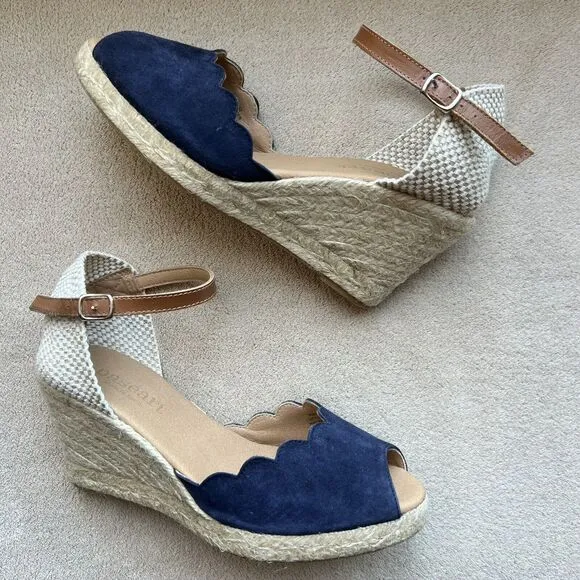 Paseart Navy Blue Suede Espadrille Jute Wedge Sandals Peep Toe EU 39 US 8.5 - 9
