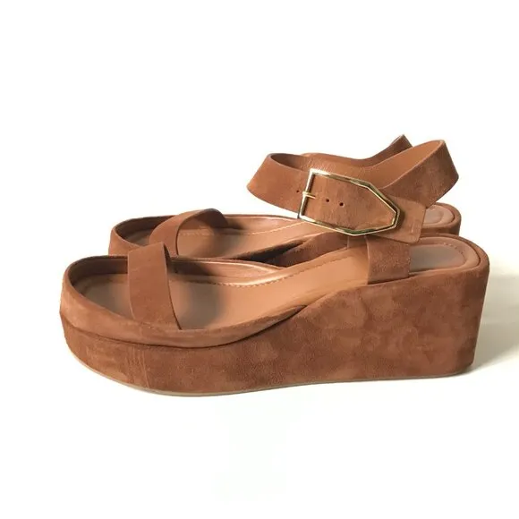 Paul Andrew Adept Platform Sandals Womens 41 11 Brown Tan Suede Buckle Wedges