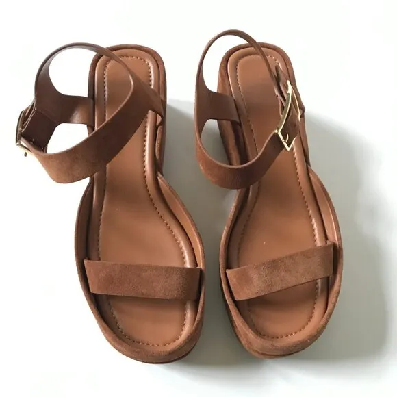 Paul Andrew Adept Platform Sandals Womens 41 11 Brown Tan Suede Buckle Wedges