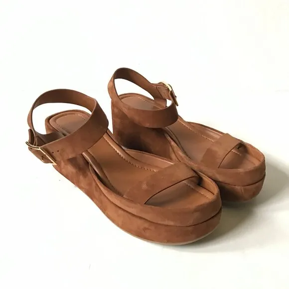 Paul Andrew Adept Platform Sandals Womens 41 11 Brown Tan Suede Buckle Wedges