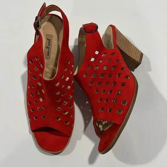 Paul Green - 5, red suede laser cut heels, sandals