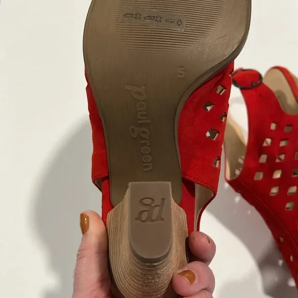 Paul Green - 5, red suede laser cut heels, sandals