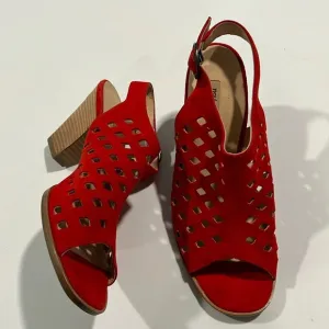 Paul Green - 5, red suede laser cut heels, sandals