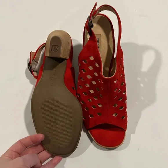 Paul Green - 5, red suede laser cut heels, sandals