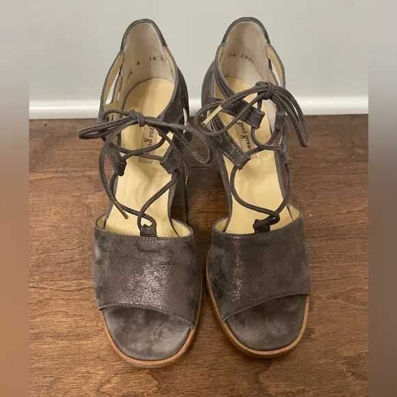 Paul Green Metallic Earth Gray Leather Lace-up Veronica Sandals Size 6.5