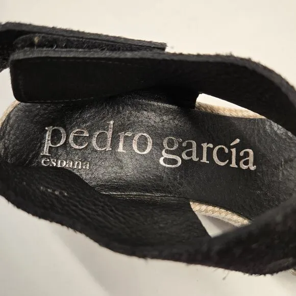 Pedro Garcia Black Suede Platform Wedge Sandal, Size 37, US 7, Made in Spain
