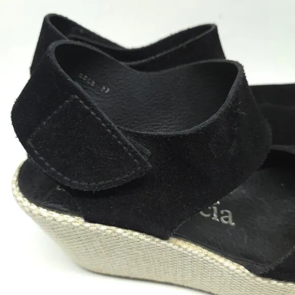 Pedro Garcia Black Suede Platform Wedge Sandal, Size 37, US 7, Made in Spain