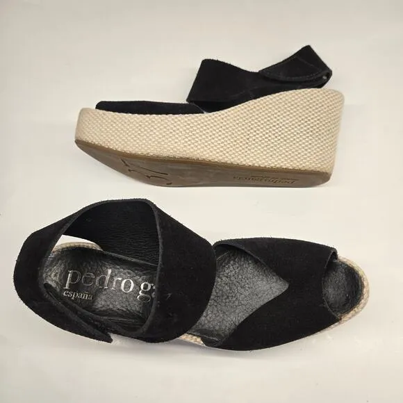 Pedro Garcia Black Suede Platform Wedge Sandal, Size 37, US 7, Made in Spain