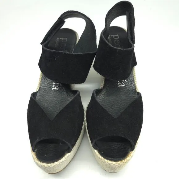 Pedro Garcia Black Suede Platform Wedge Sandal, Size 37, US 7, Made in Spain