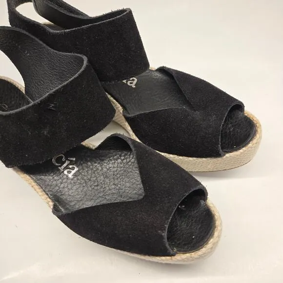 Pedro Garcia Black Suede Platform Wedge Sandal, Size 37, US 7, Made in Spain