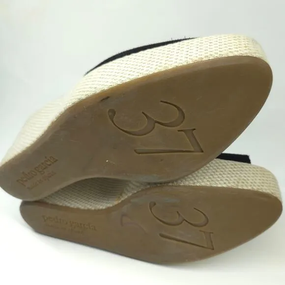 Pedro Garcia Black Suede Platform Wedge Sandal, Size 37, US 7, Made in Spain