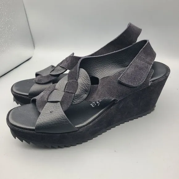 PEDRO GARCIA sandals wedge black leather suede woven slingback sz 39.5 9.5 new