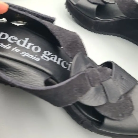 PEDRO GARCIA sandals wedge black leather suede woven slingback sz 39.5 9.5 new