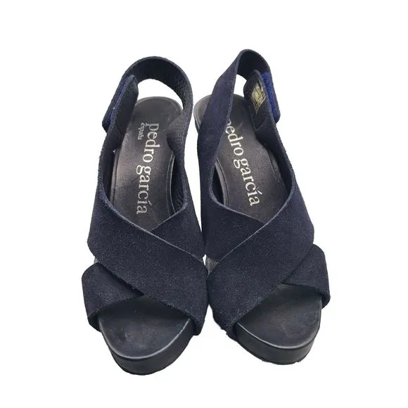 Pedro Garcia Women Heel Platform Sandals Navy Suede Sz EU 37.5 US 7.5 Worn Once