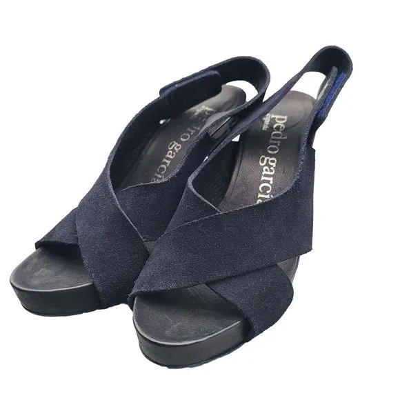 Pedro Garcia Women Heel Platform Sandals Navy Suede Sz EU 37.5 US 7.5 Worn Once