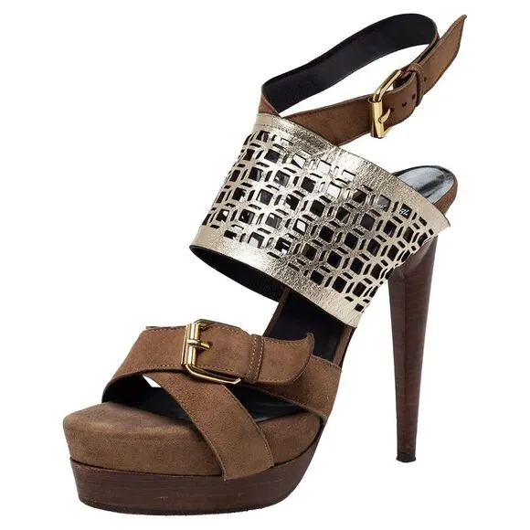 Pierre Hardy Brown/Metallic Suede and Laser Cut Leather Slingback Sandals