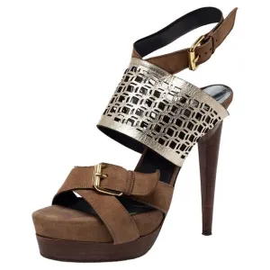 Pierre Hardy Brown/Metallic Suede and Laser Cut Leather Slingback Sandals