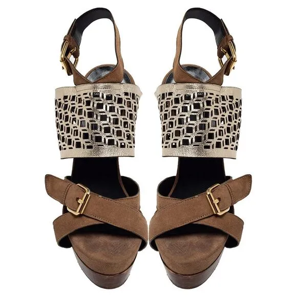 Pierre Hardy Brown/Metallic Suede and Laser Cut Leather Slingback Sandals