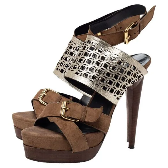 Pierre Hardy Brown/Metallic Suede and Laser Cut Leather Slingback Sandals