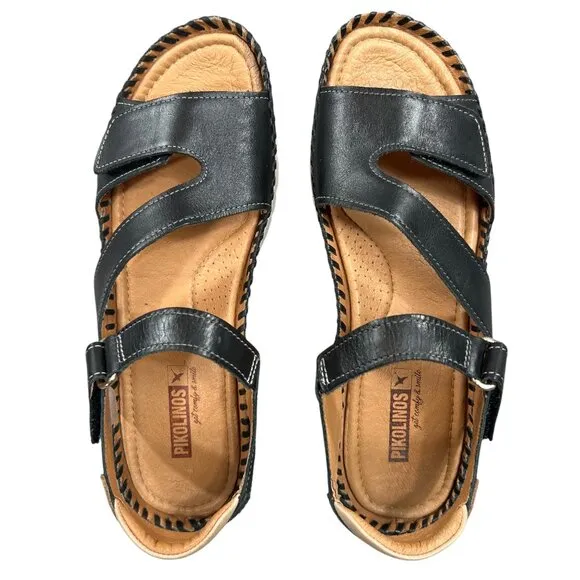 Pikolinos Altea NWOB Black Leather Adjustable Comfort Sandals Size 8