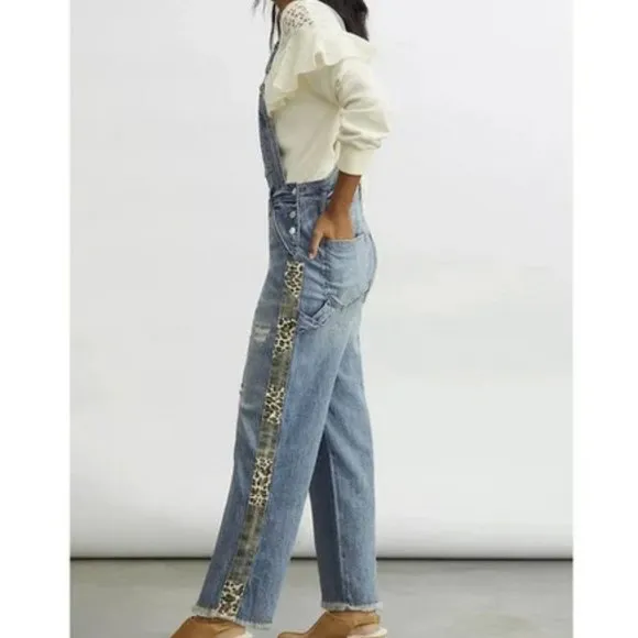 Pilcro Anthropologie 30 NWT The Lex Denim Jean Bib Overalls Camo Leopard Animal
