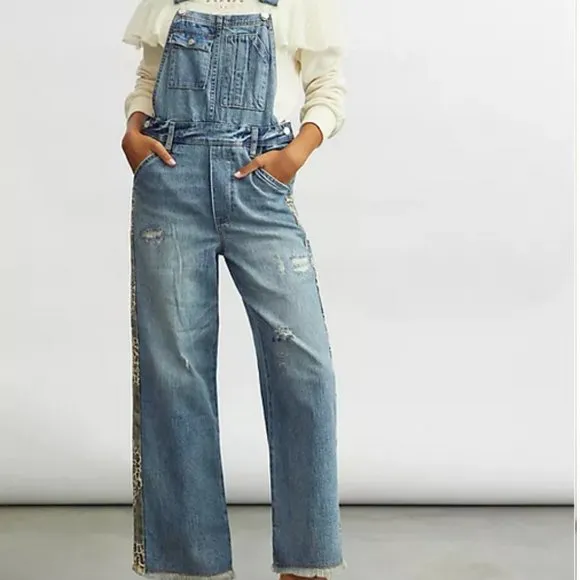Pilcro Anthropologie 30 NWT The Lex Denim Jean Bib Overalls Camo Leopard Animal