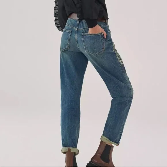 PILCRO ANTHROPOLOGIE Borrowed Boyfriend Jeans Blue Patched Distressed | Sz 27 T
